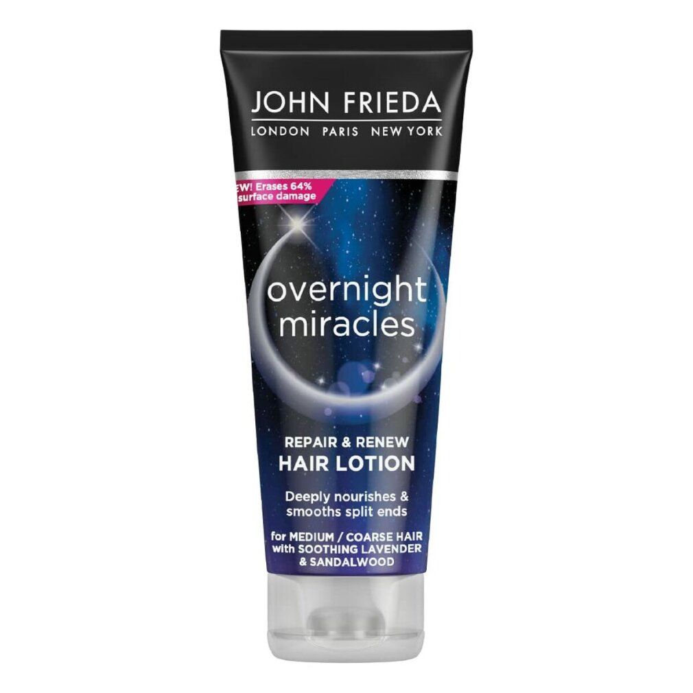 Tubo di lozione per capelli. Tappo nero, testo bianco. Nome prodotto: overnight miracles. Testo: Repair & Renew Hair Lotion. Per capelli medi/spessi.
