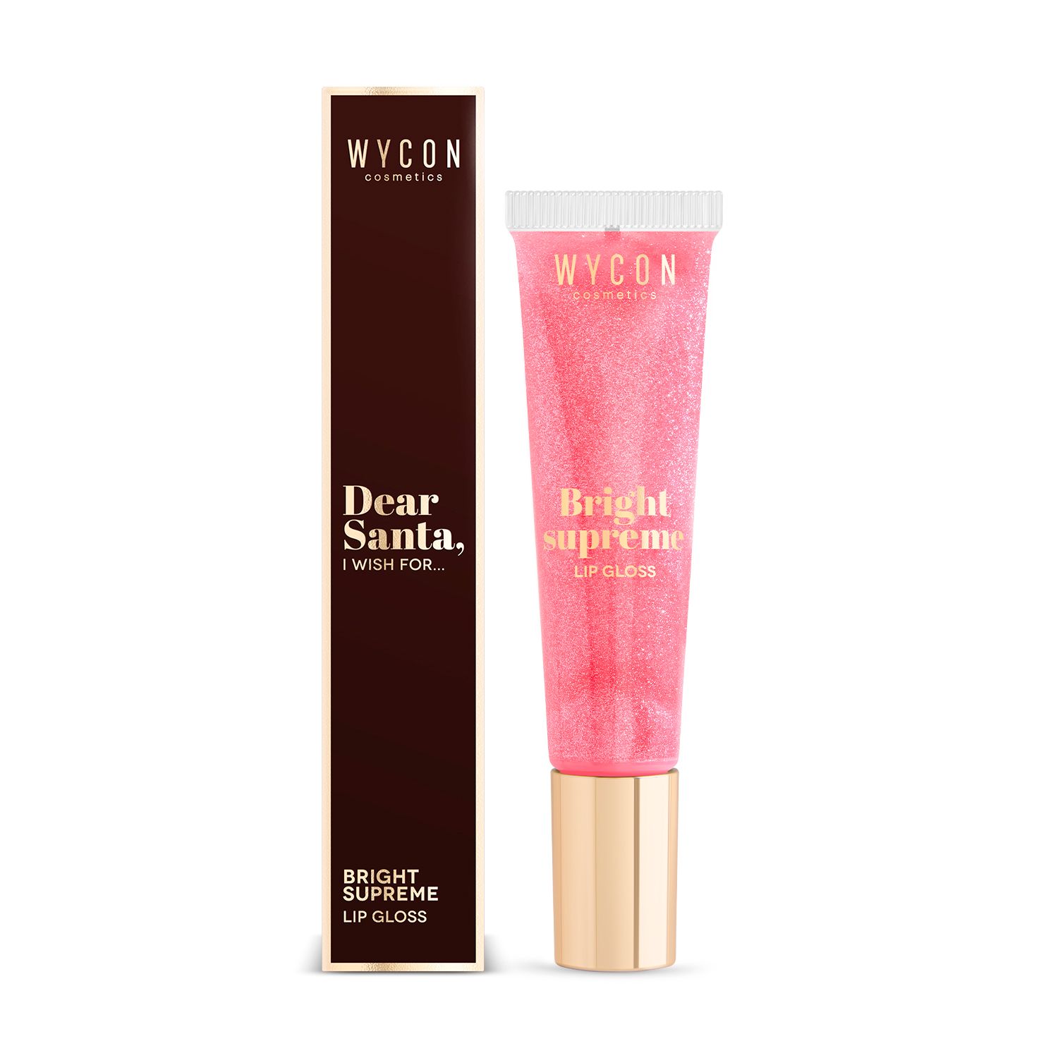 Lucidalabbra WYCON Cosmetics con confezione. Tubetto rosa, tappo dorato. Scritta: Bright supreme LIP GLOSS. Confezione: Dear Santa...