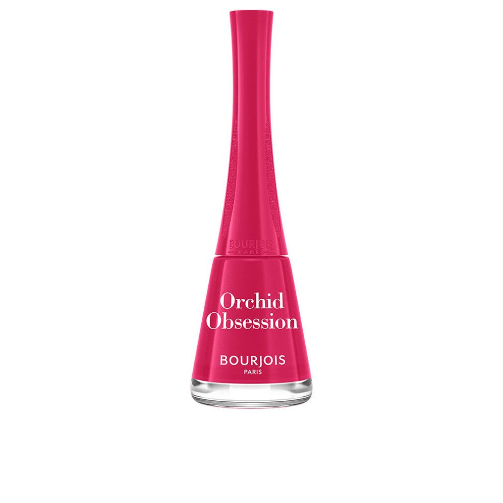 Flacone di smalto rosa. Scritta: Orchid Obsession, Bourjois Paris. Flacone di vetro trasparente.