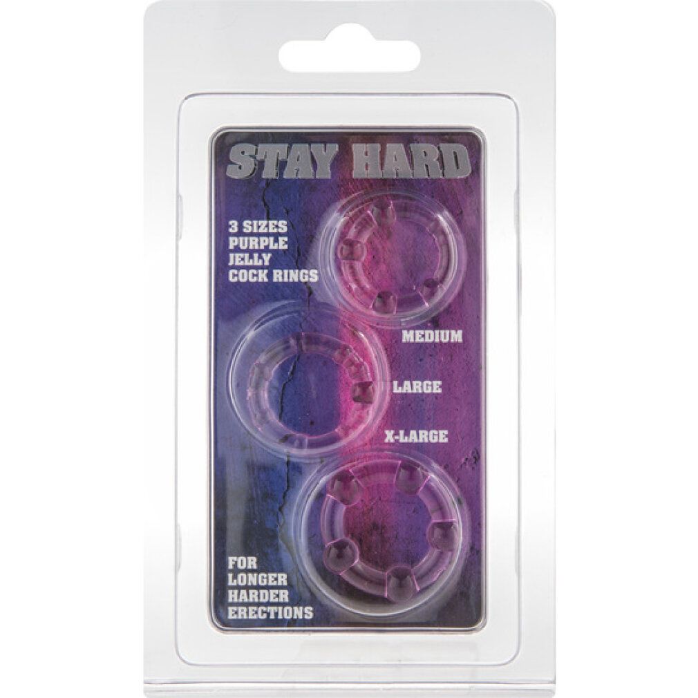 Confezione con tre anelli per il pene viola. Testo: STAY HARD, 3 taglie, Jelly, Cock Rings. Per erezioni più lunghe e dure.