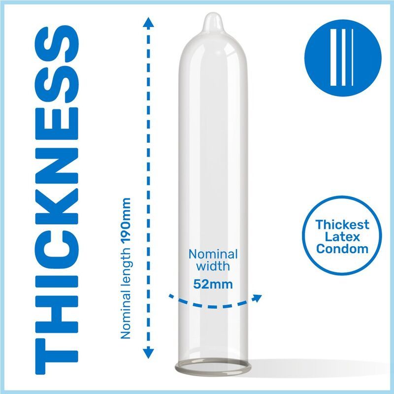 Un preservativo Pasante Extra con dimensioni: lunghezza 190mm, larghezza nominale 52mm. Preservativo in lattice più spesso.