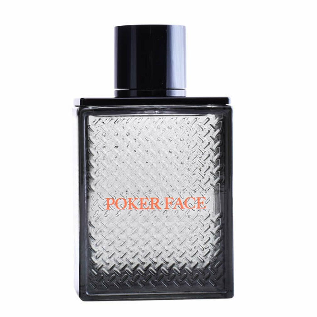 Flacone rettangolare con tappo nero. Scritta rossa "POKER FACE". Motivo geometrico sulla parte anteriore.