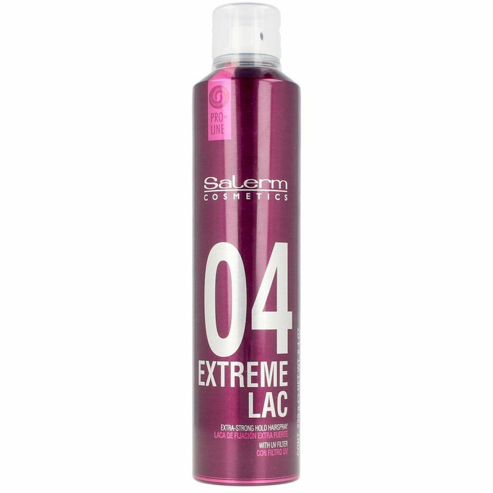 Flacone di lacca per capelli. Flacone viola con tappo bianco. Scritta: Salerm Cosmetics, 04 Extreme Lac.