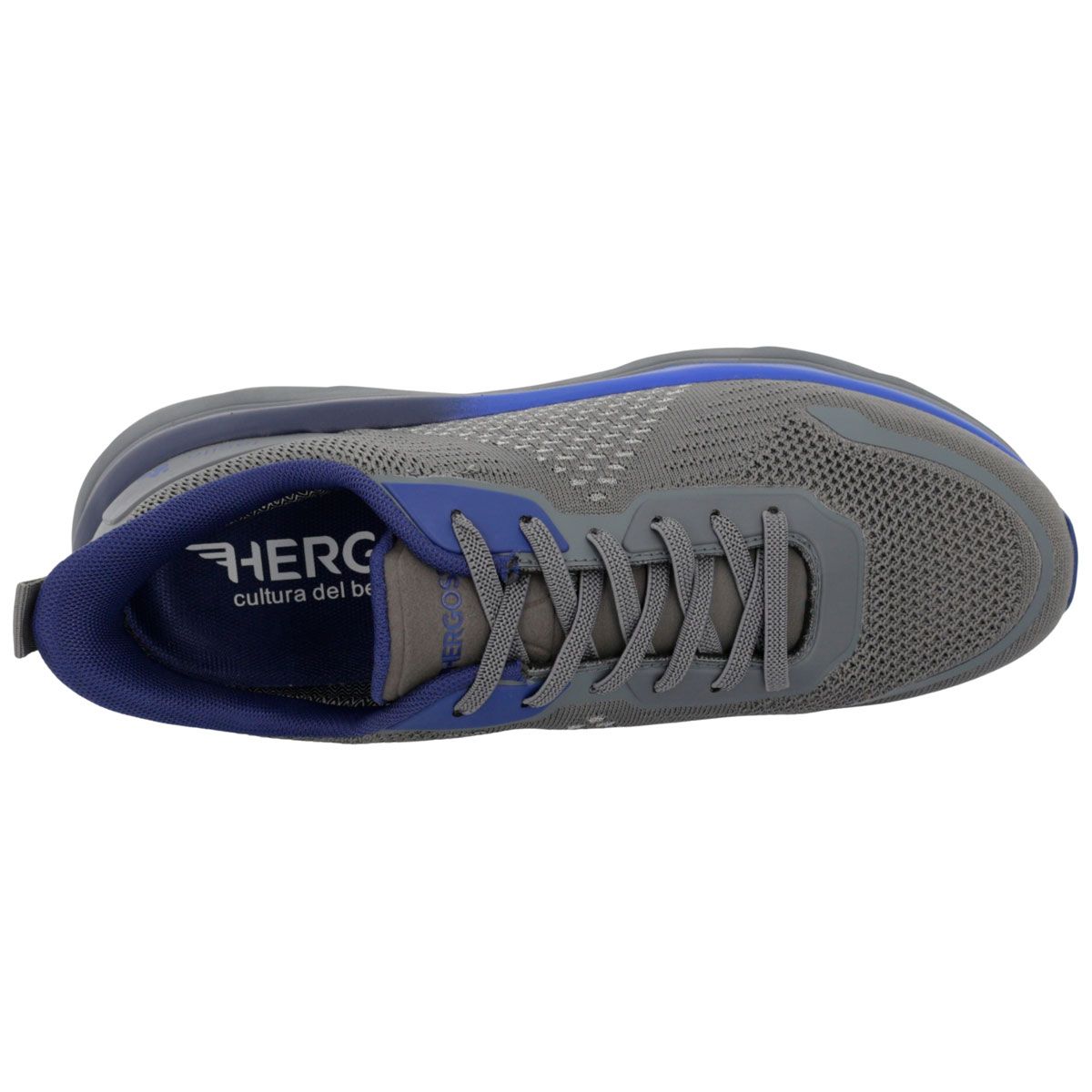 Scarpa sportiva grigia da uomo con accenti blu, mesh e lacci. Marca: HERGOS.
