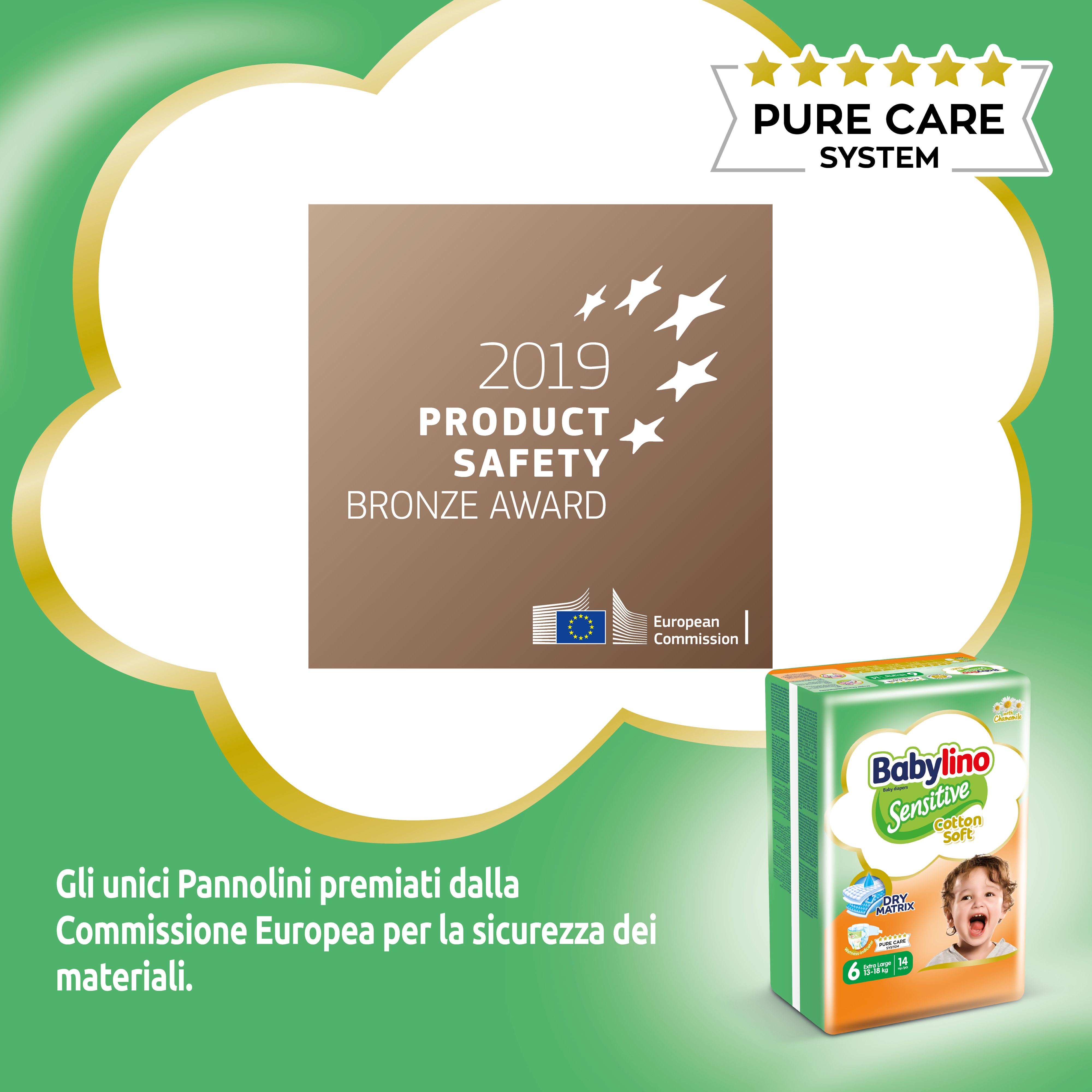 Premio Bronzo 2019 della Commissione Europea. Confezione Babylino Sensitive. Sfondo verde.