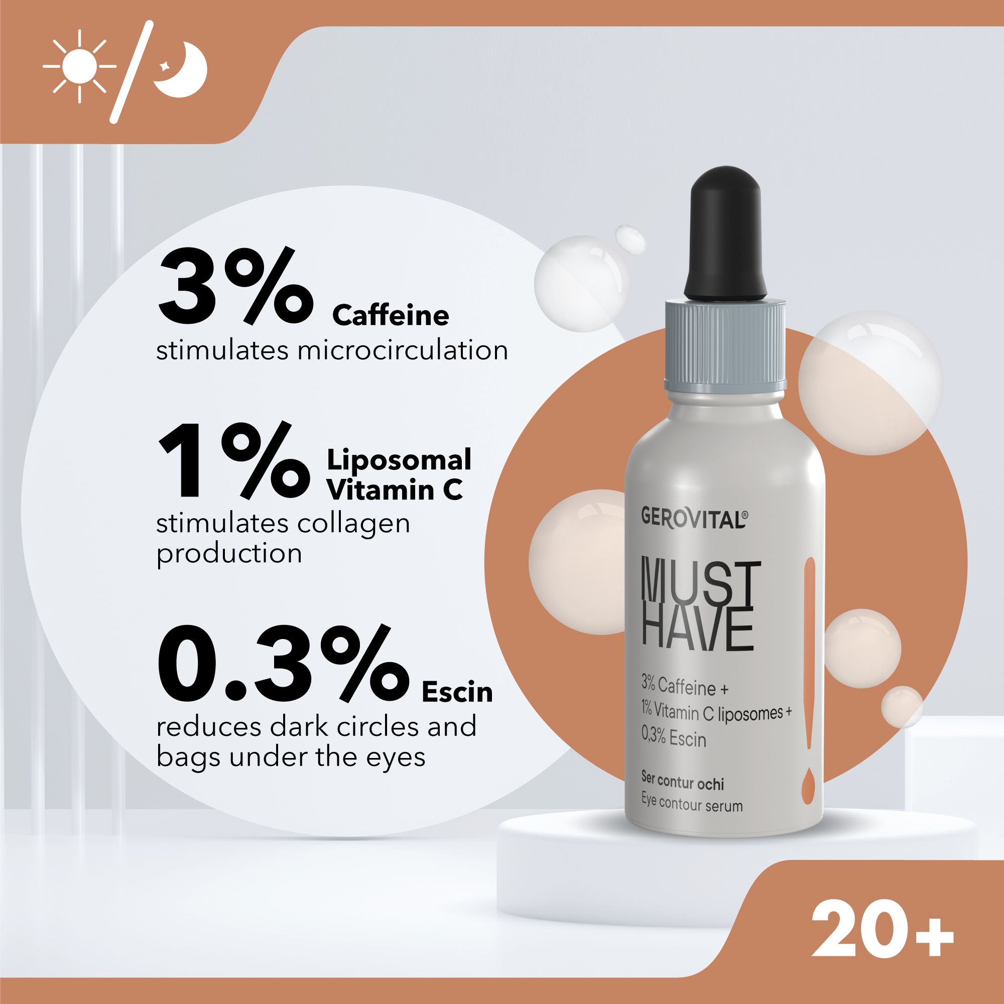 Flacone di siero con testo. Scritta: MUST HAVE, 3% caffeina, 1% vitamina C, 0,3% escina. 3% caffeina, 1% vitamina C, 0,3% escina.
