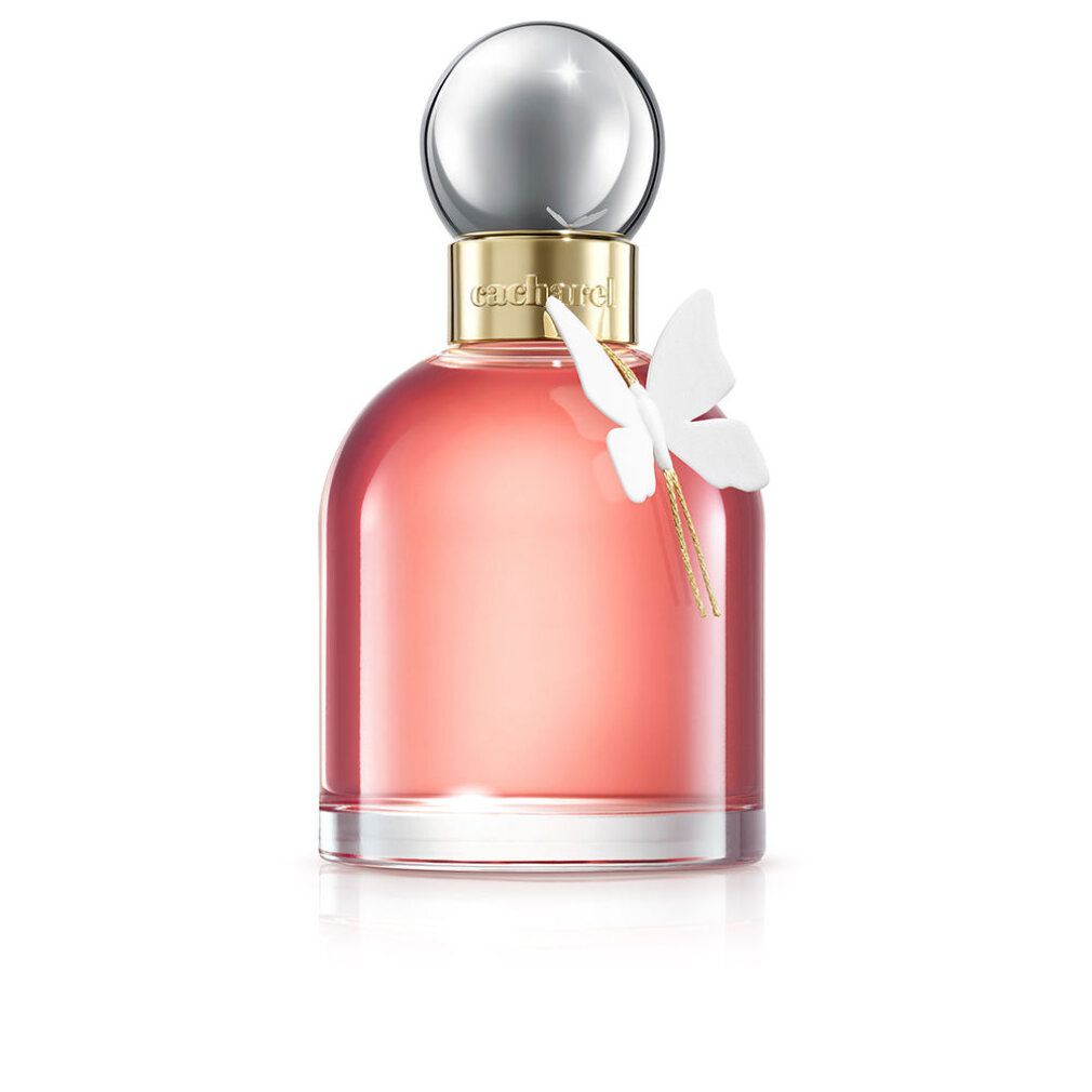 Flacone di profumo rosa, tappo argento, farfalla bianca. Scritta dorata 'cacharel'.