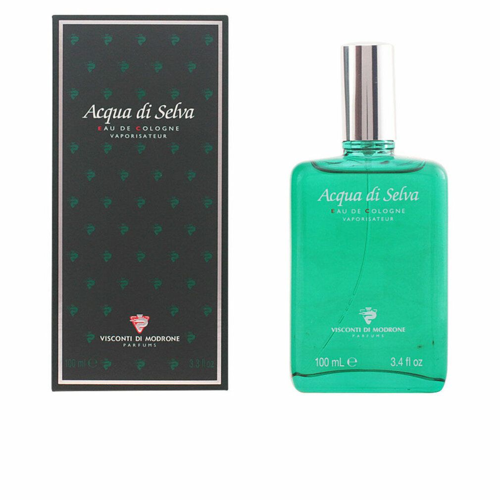 Flacone e scatola. Scritta: Acqua di Selva, Eau de Cologne, Vaporisateur. Flacone verde, scatola marrone con motivo.