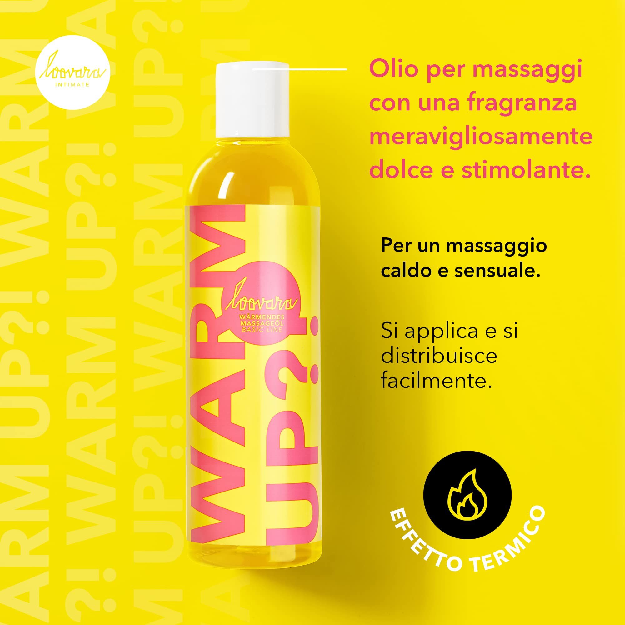 Flacone di olio da massaggio riscaldante Loovara Warm Up?! Intimate. Liquido giallo, etichetta gialla con scritte rosa.