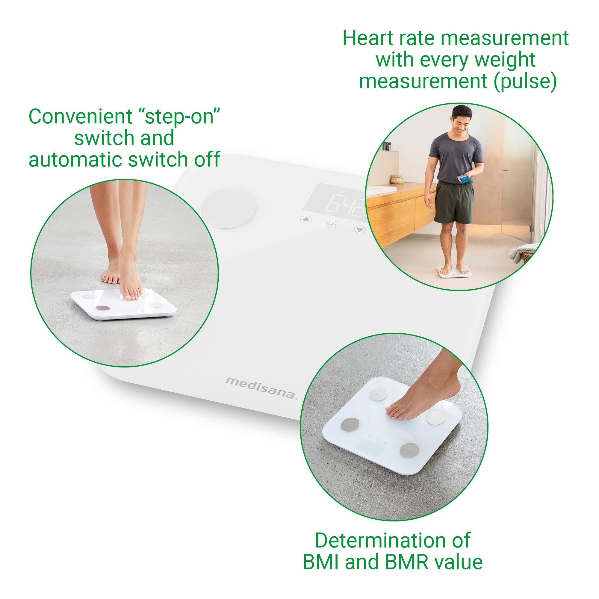 Bilancia per l'analisi corporea bianca con illustrazioni. Funzione step-on, misurazione della frequenza cardiaca, determinazione dell'IMC. Marchio: medisana.