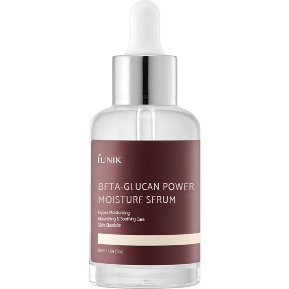 Flacone di vetro trasparente con pipetta. Etichetta marrone con testo bianco: iUNIK, Beta-Glucan Power Moisture Serum. 50ml / 1.69 fl.oz.