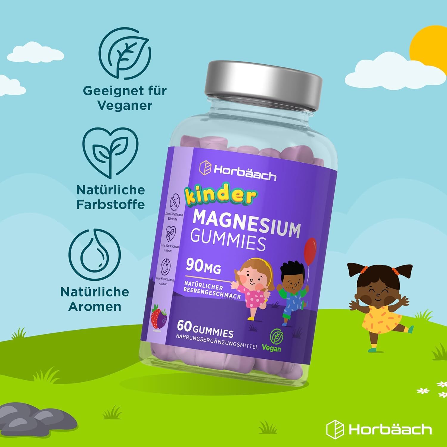 Flacone di Horbaach Kinder Magnesium Gummies. Testo: Aromi naturali, coloranti, vegano. Con illustrazioni di bambini.