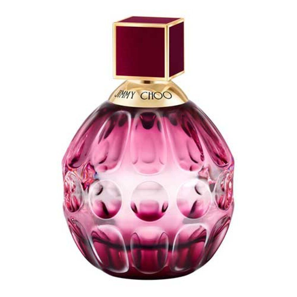 Flacone rotondo rosa di Eau de Parfum Jimmy Choo Fever. Tappo quadrato. Collo dorato.