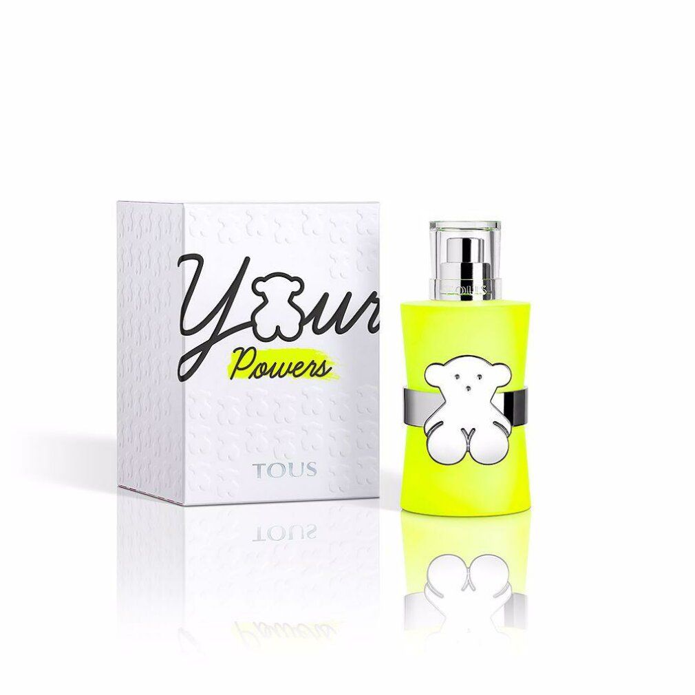 Eau de toilette giallo con orso. Scatola bianca con scritta Your Powers e orso.