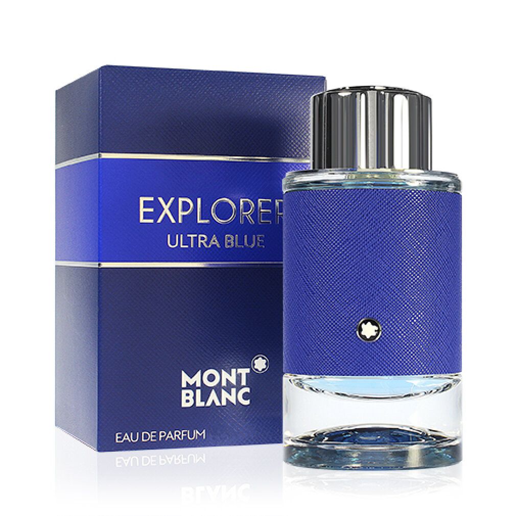 Scatola blu e flacone. EXPLORER ULTRA BLUE sulla scatola. Logo Montblanc. Flacone con texture blu.