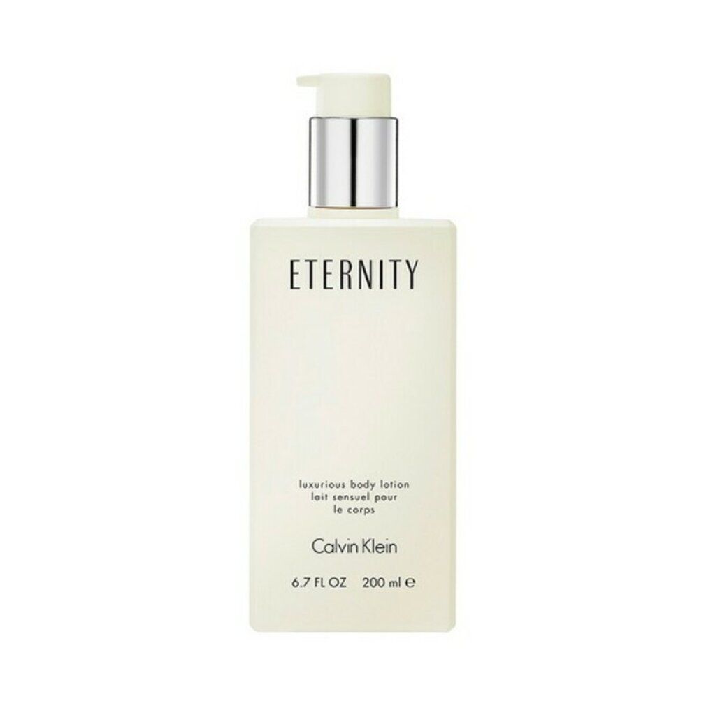Flacone di lozione beige con dosatore. Scritta: ETERNITY, Calvin Klein. Testo: luxurious body lotion, lait sensuel pour le corps.