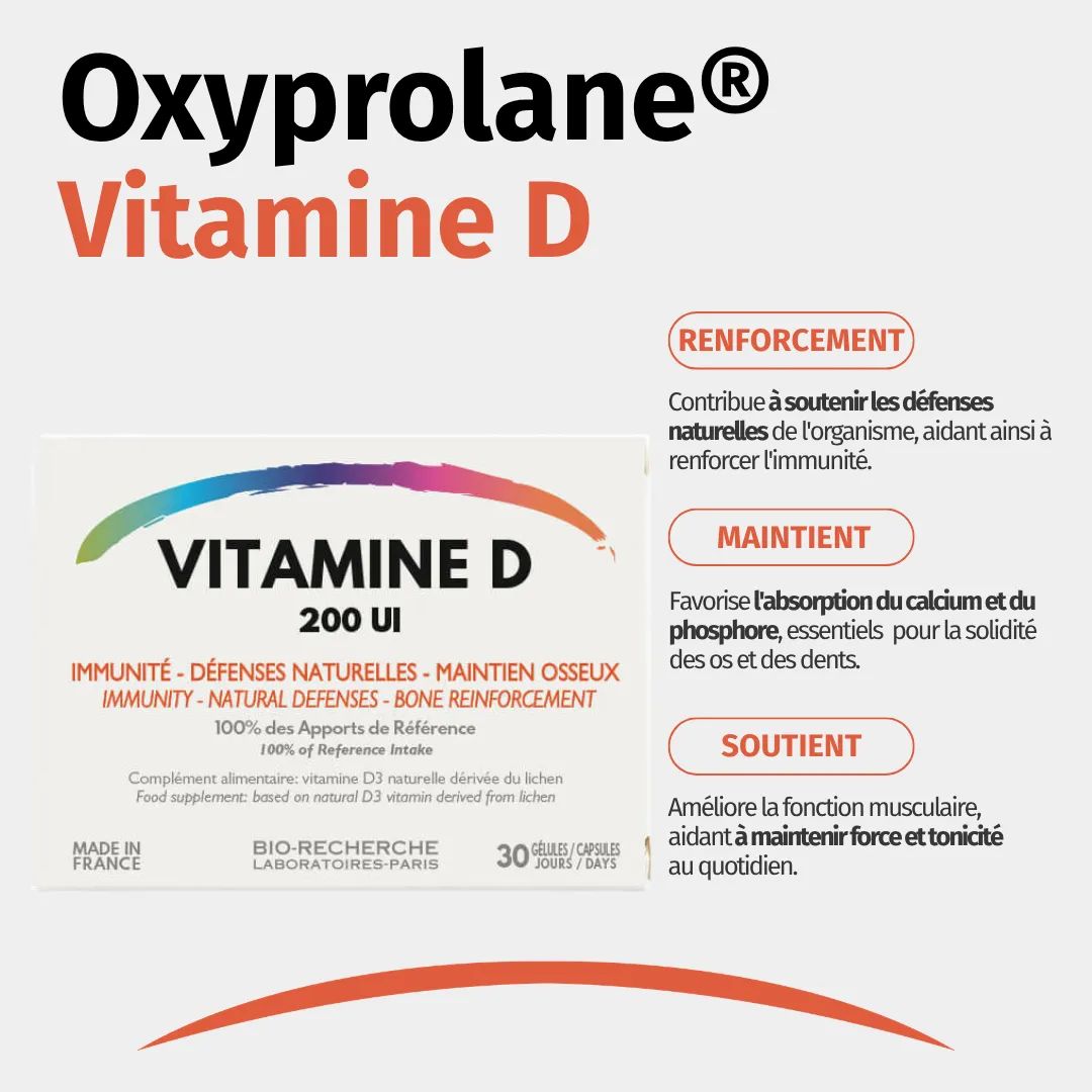Confezione di Vitamina D 200 UI, 30 capsule. Prodotto in Francia.