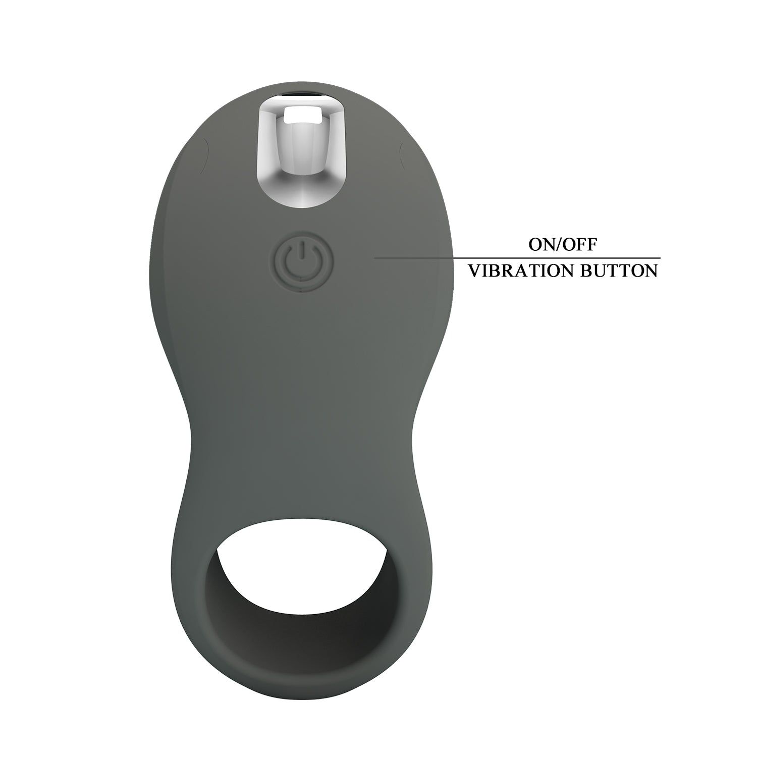 Anello grigio con pulsante e scritta 'ON/OFF VIBRATION BUTTON'. Include apertura rotonda e punta.