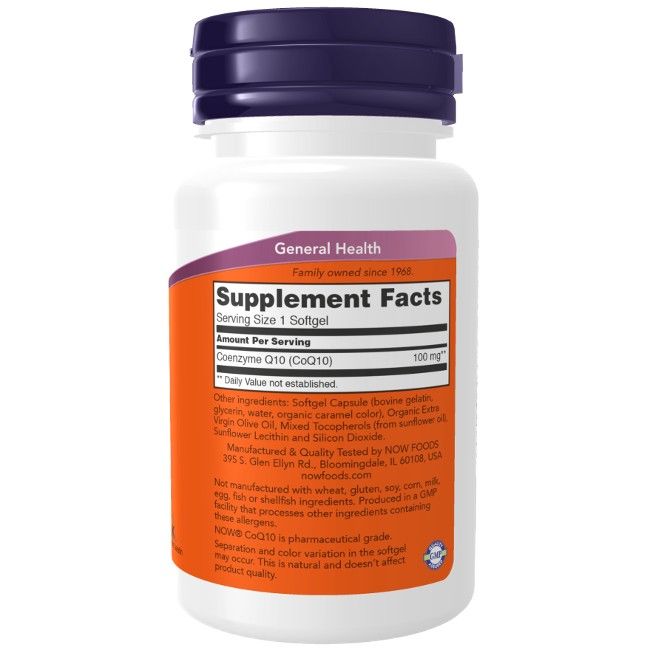 Flacone bianco con tappo viola. Etichetta con informazioni sul prodotto e tabella nutrizionale. Testo: Coenzima Q10, 100 mg.