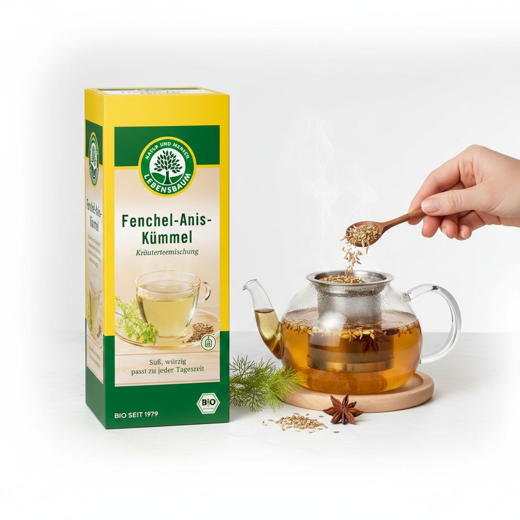 Tè Lebensbaum Finocchio-Anice-Cumino: Preparato per tisana versato in una teiera.