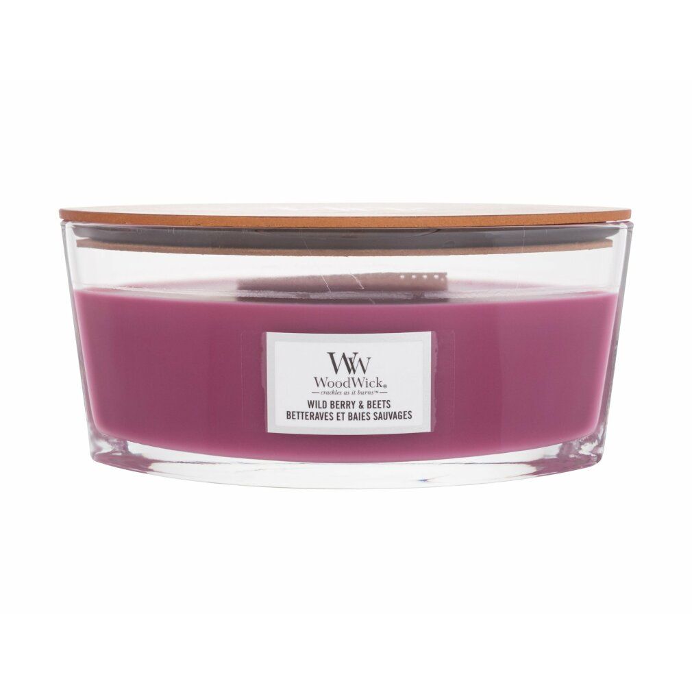 Candela Ellipse con coperchio in legno. Cera rosa in contenitore di vetro. Etichetta con nome prodotto e marchio WoodWick.