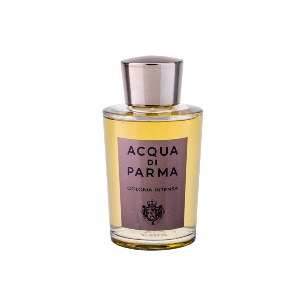 Flacone in vetro con tappo argentato. Scritta: Acqua di Parma Colonia Intensa. Etichetta con stemma.