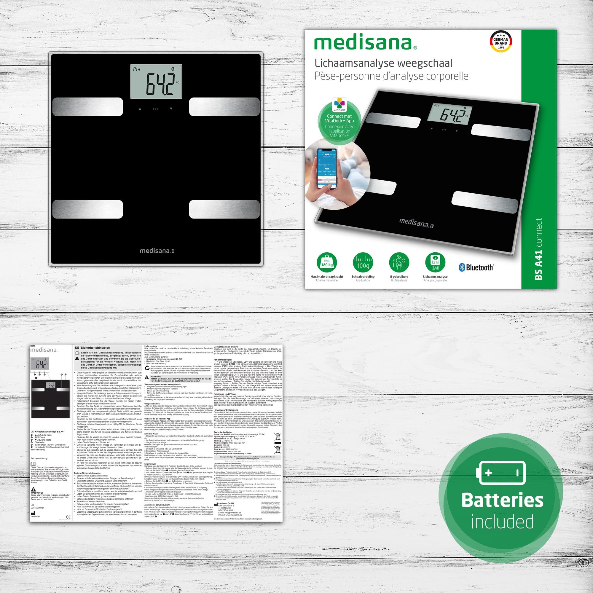 Confezione del prodotto della bilancia per l'analisi corporea. Bilancia, manuale utente e batterie. Marca: medisana. Modello: BS A41 connect.