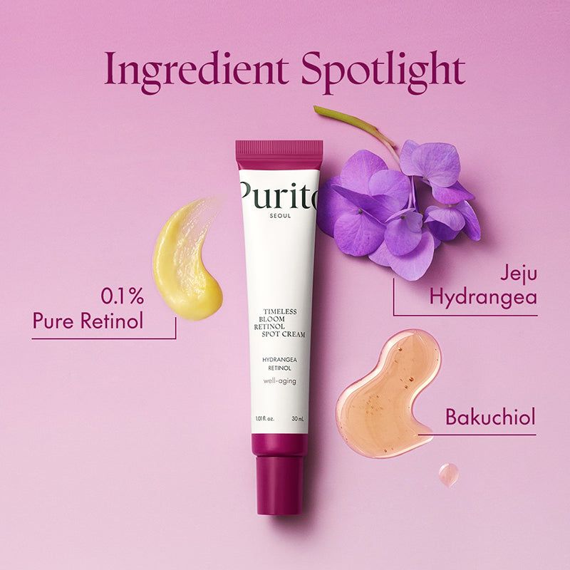Tubo crema con ingredienti. Tubo, fiori e campioni di crema. Testo: Pure Retinol, Jeju Hydrangea, Bakuchiol.