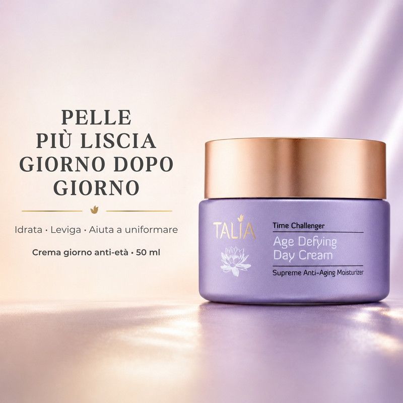 Vasetto viola con coperchio dorato, etichettato 'Age Defying Day Cream'.
