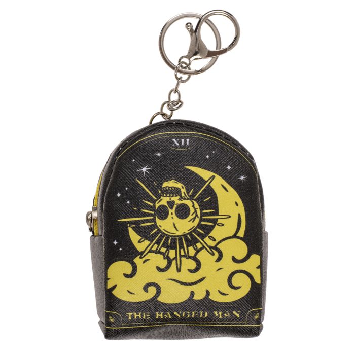 Mini portafoglio nero con motivo luna e teschio giallo e scritta "THE HANGED MAN". Con portachiavi.