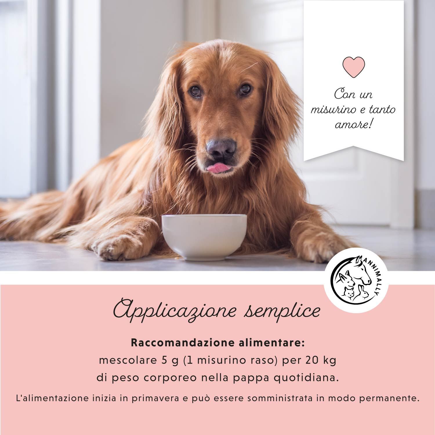 Testo su sfondo rosa. Testo: Ben tollerato e naturale. Tutti gli ingredienti sono attivi.