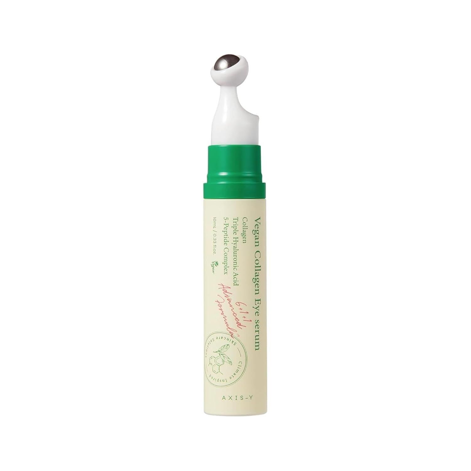 Siero occhi con applicatore roll-on. Etichetta verde e bianca con informazioni sul prodotto. AXIS-Y Vegan Collagen Eye Serum.