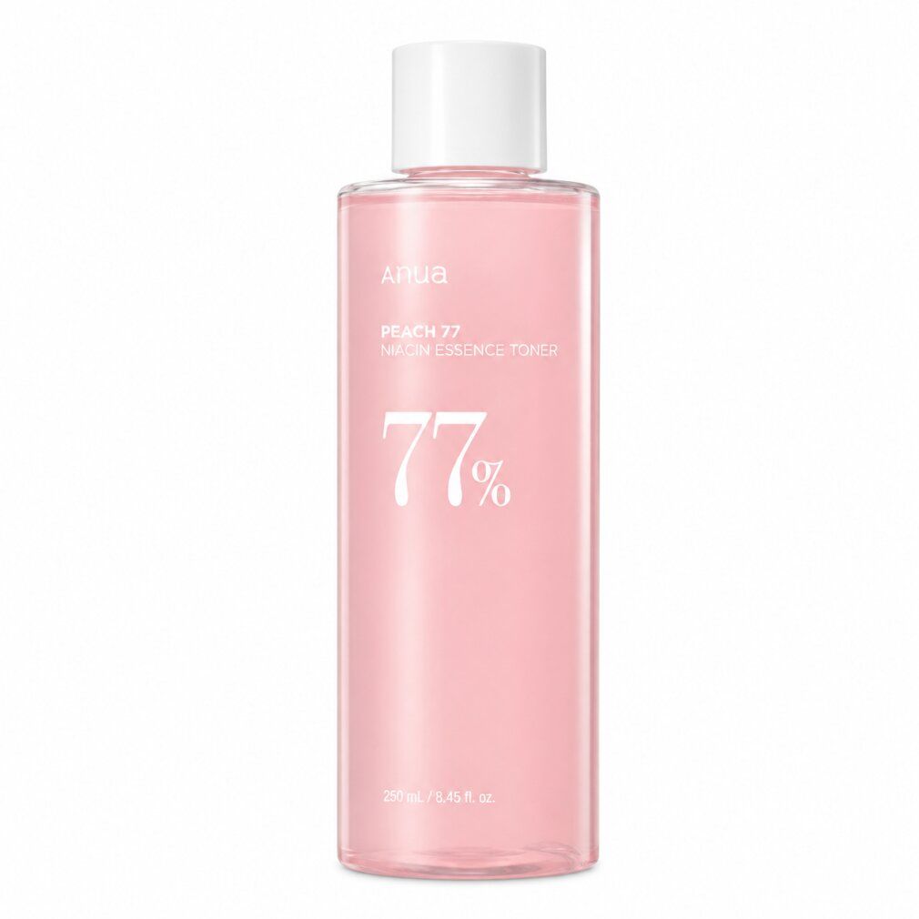 ANUA Peach 77% Niacin Essence Toner in una bottiglia trasparente con tappo bianco.