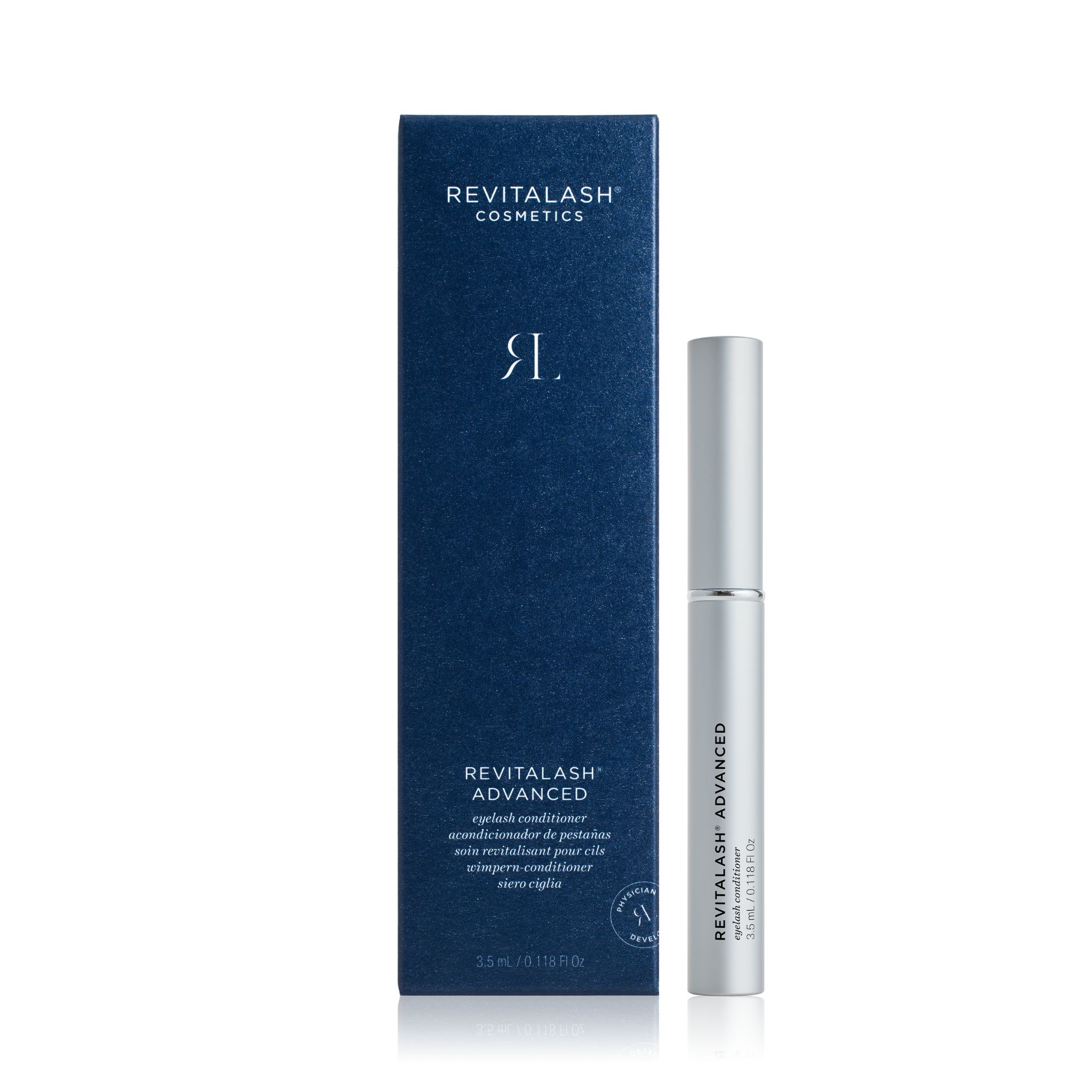 Confezione blu-nera e flacone argento. Scritta: RevitaLash® Advanced Eyelash Conditioner.
