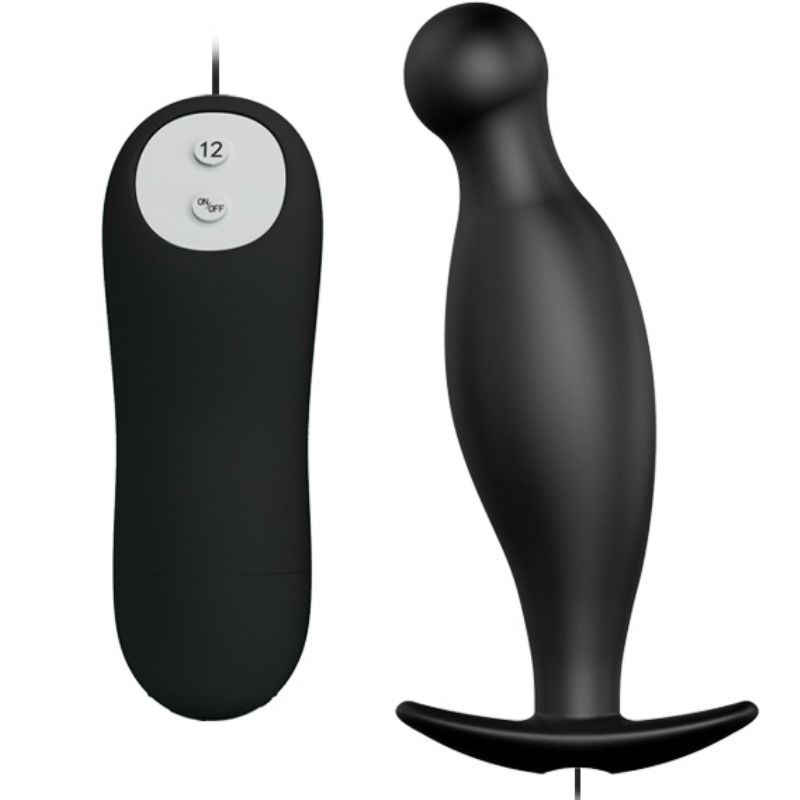 Plug anale in silicone nero con base larga e telecomando, in primo piano su sfondo bianco.