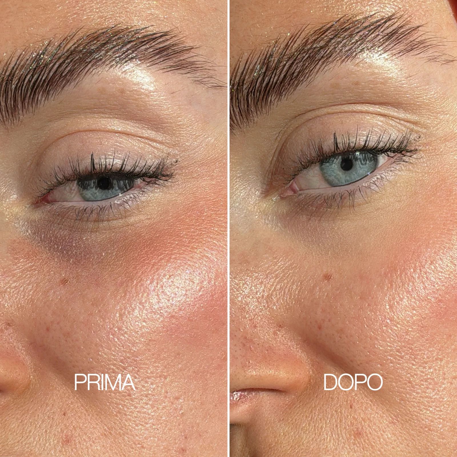 Immagine comparativa: viso prima e dopo. Testo 'PRIMA' e 'DOPO'.