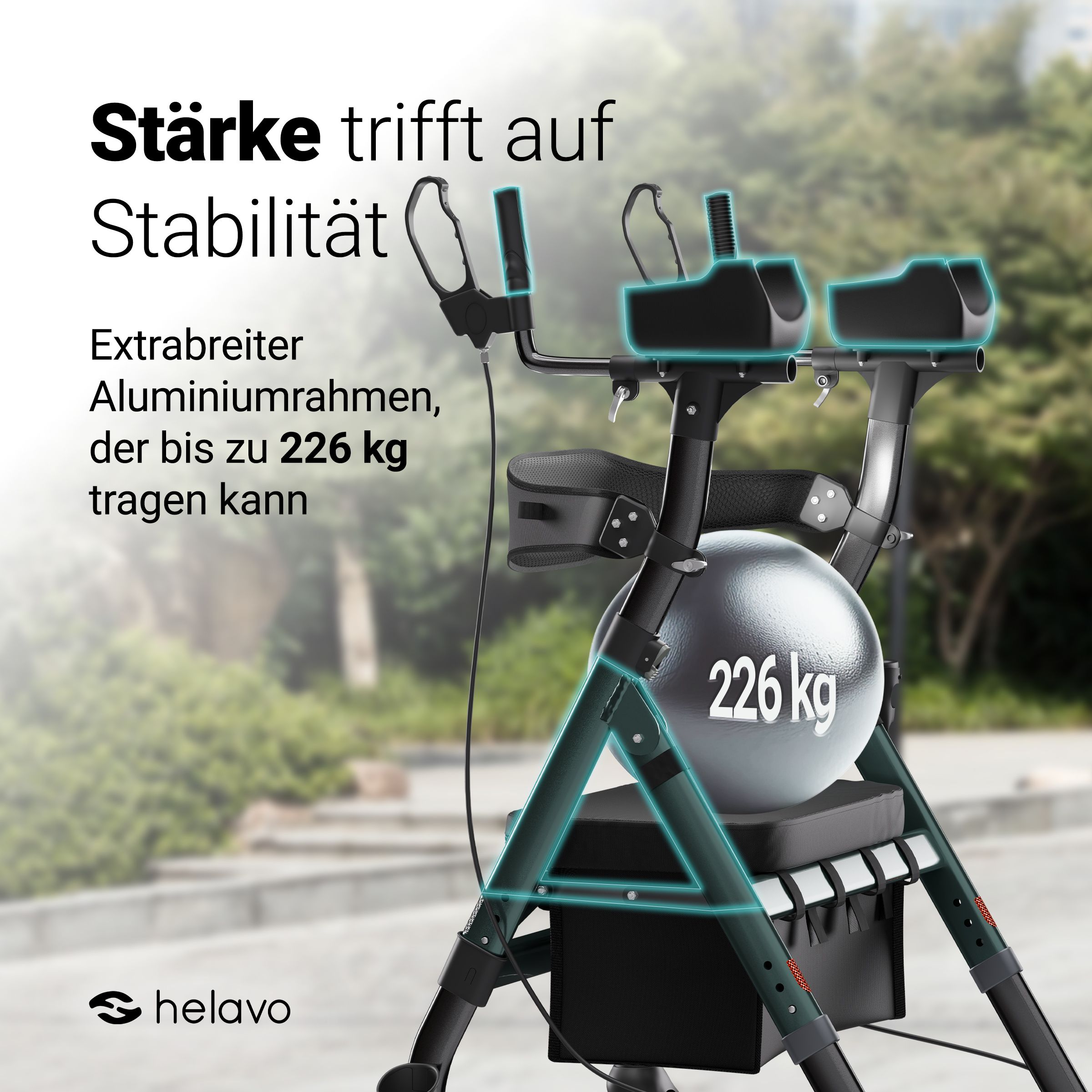 Rollator con telaio rinforzato, capacità 226 kg.