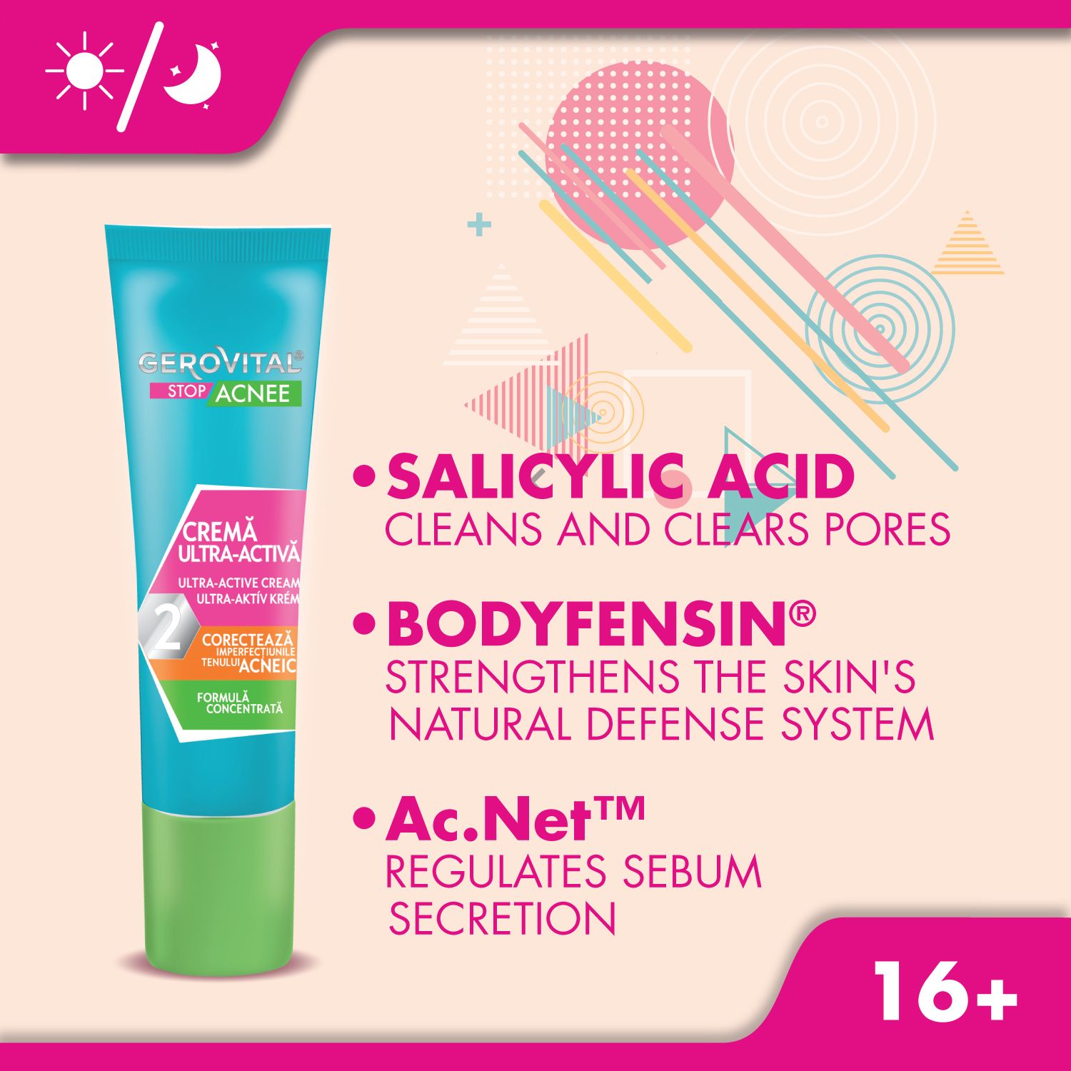 Tubo di prodotto con testo e grafici. Testo: Acido salicilico, pulisce i pori, Bodyfensin.