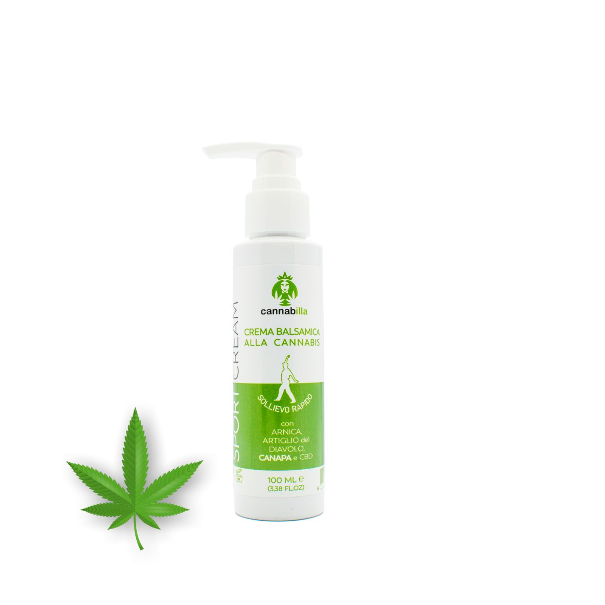 Flacone bianco con dosatore. Etichetta verde e bianca con logo e testo. Logo Cannabilla e foglia di cannabis.