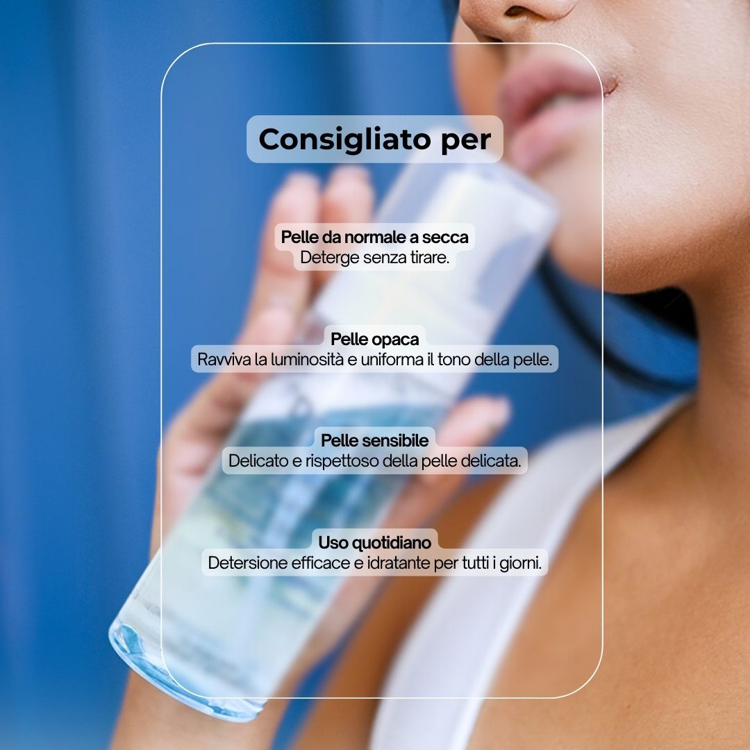 Flacone con testo. Testo: Consigliato per: Pelli da normali a secche, pelli opache, pelli sensibili, uso quotidiano.