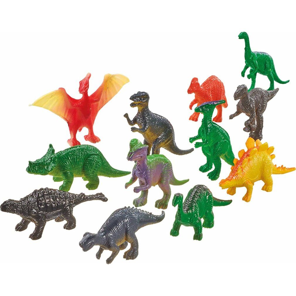 12 piccole figurine di dinosauri in vari colori. Diverse specie, in plastica. Include Pterodattilo, Brachiosauro, Triceratopo.
