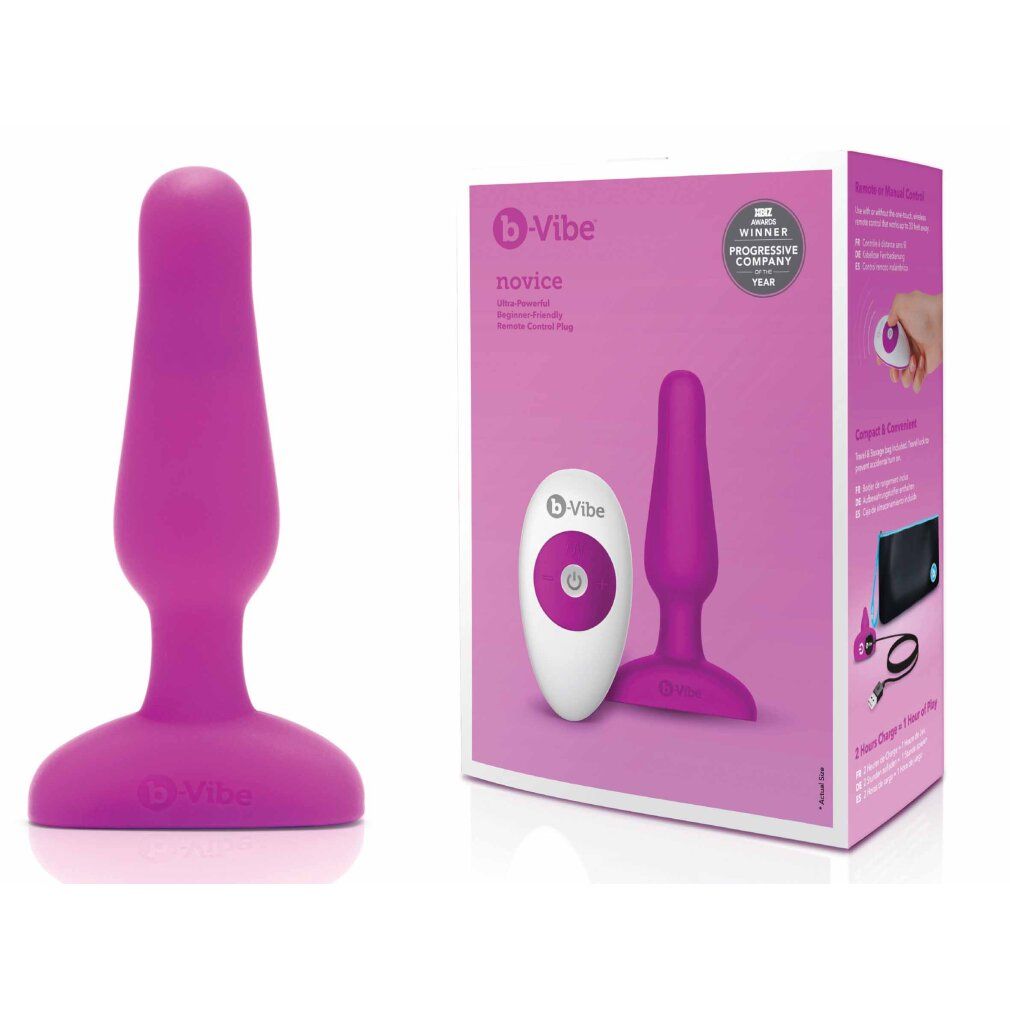 Confezione del prodotto. Scatola bianca e viola con plug e telecomando. Marchio b-Vibe. Testo: novice. Riconoscimenti. Illustrazioni e accessori.