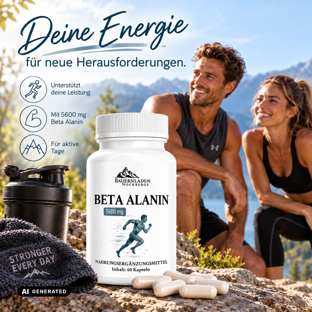 Capsule di Beta Alanina 5600 mg. Integratore per energia, barattolo bianco 60 capsule.