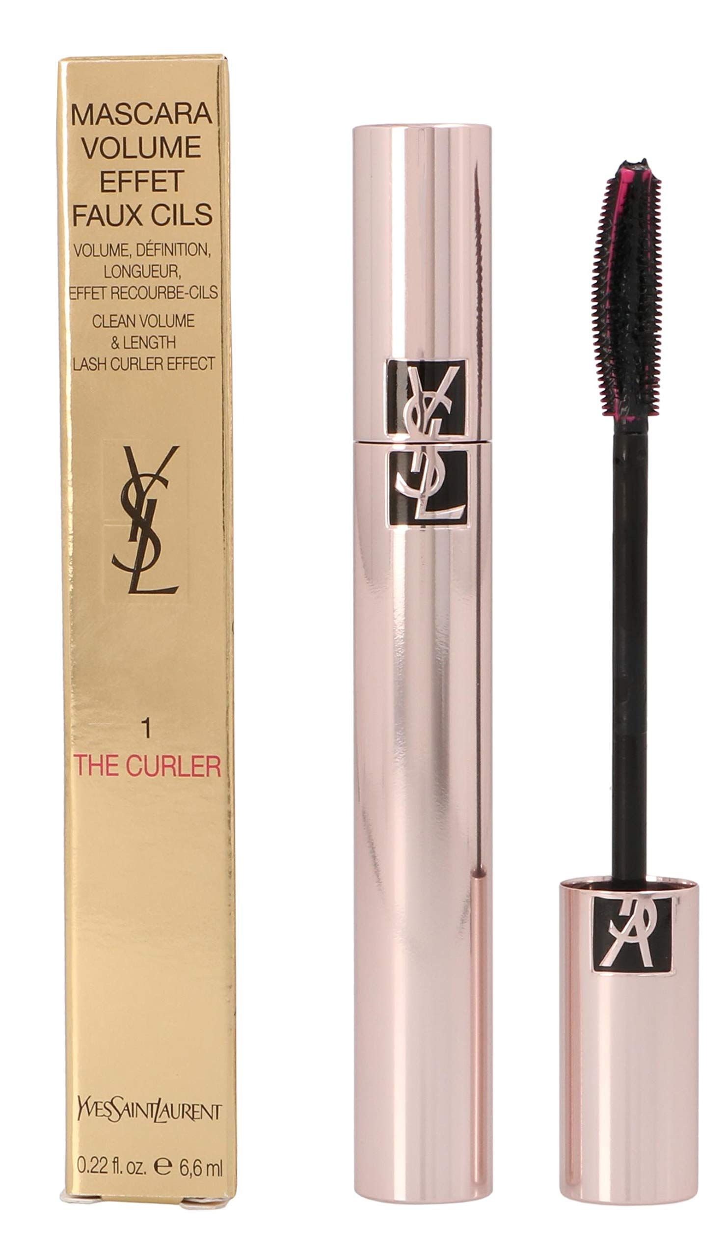 Tubo mascara, spazzola e confezione. Confezione dorata con testo. Contenitore rosa dorato con logo YSL. Spazzola nera con setole rosa.