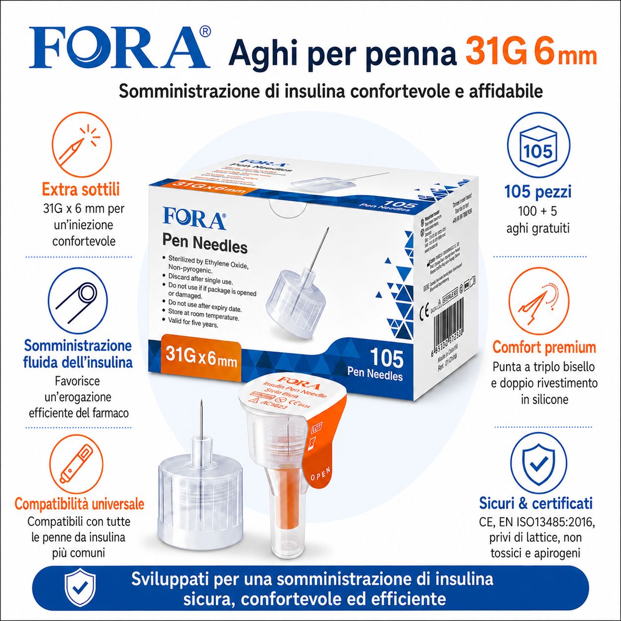 Aghi per penna FORA 31G x 6mm. Extra sottili, somministrazione fluida, compatibilità universale. 105 pezzi.