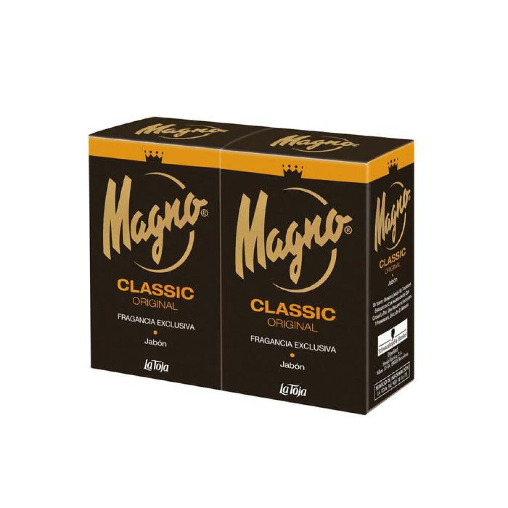 Due confezioni di sapone affiancate. Confezione nera con logo e testo dorati. Scritta: Magno Classic Original.
