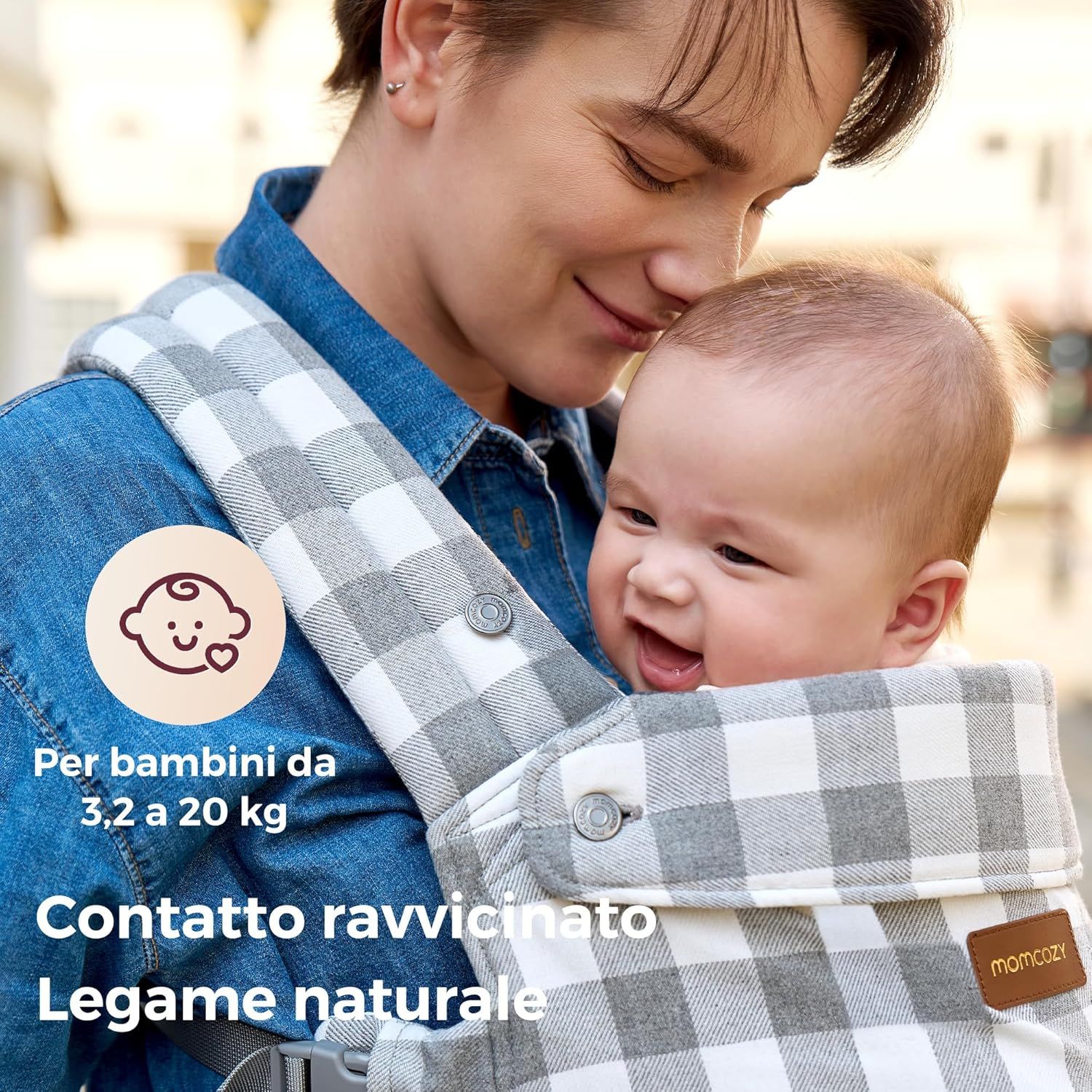Momcozy Marsupio per Bambini Leggero e Traspirante con Motivo a Quadri Blu Grigio