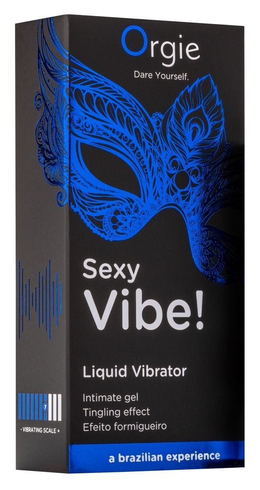Confezione nera con design maschera blu. Testo: Orgie, Sexy Vibe!, Liquid Vibrator, gel intimo, effetto formicolio.