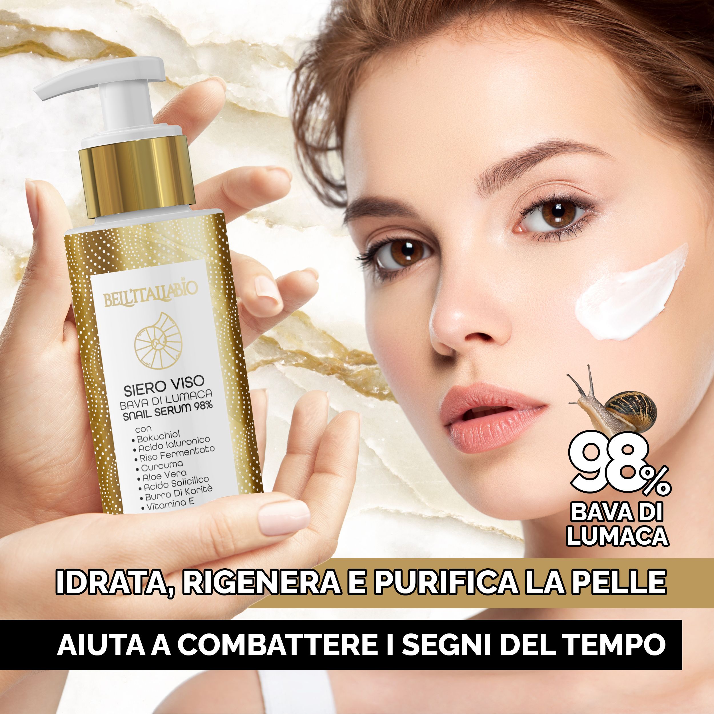 Donna applica siero. Flacone con dosatore. Testo: Siero Viso Bava di Lumaca Snail Serum 98%. Testo: Idratata, rigenera e purifica la pelle.
