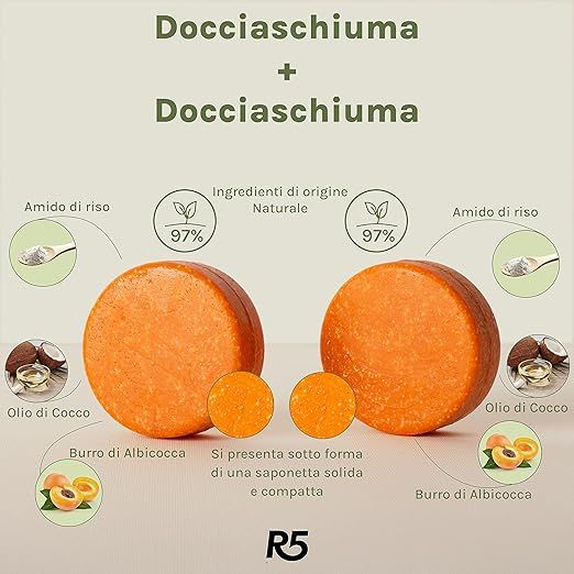 Due saponette rotonde arancioni e due più piccole. Testo con ingredienti e logo R5. Ingredienti di origine naturale.